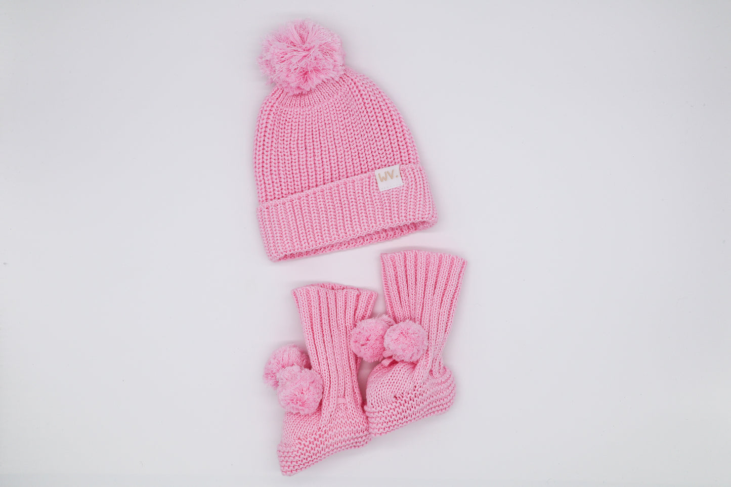 Organic Knit Beanie & Bootie Set with Pom Pom | Pink