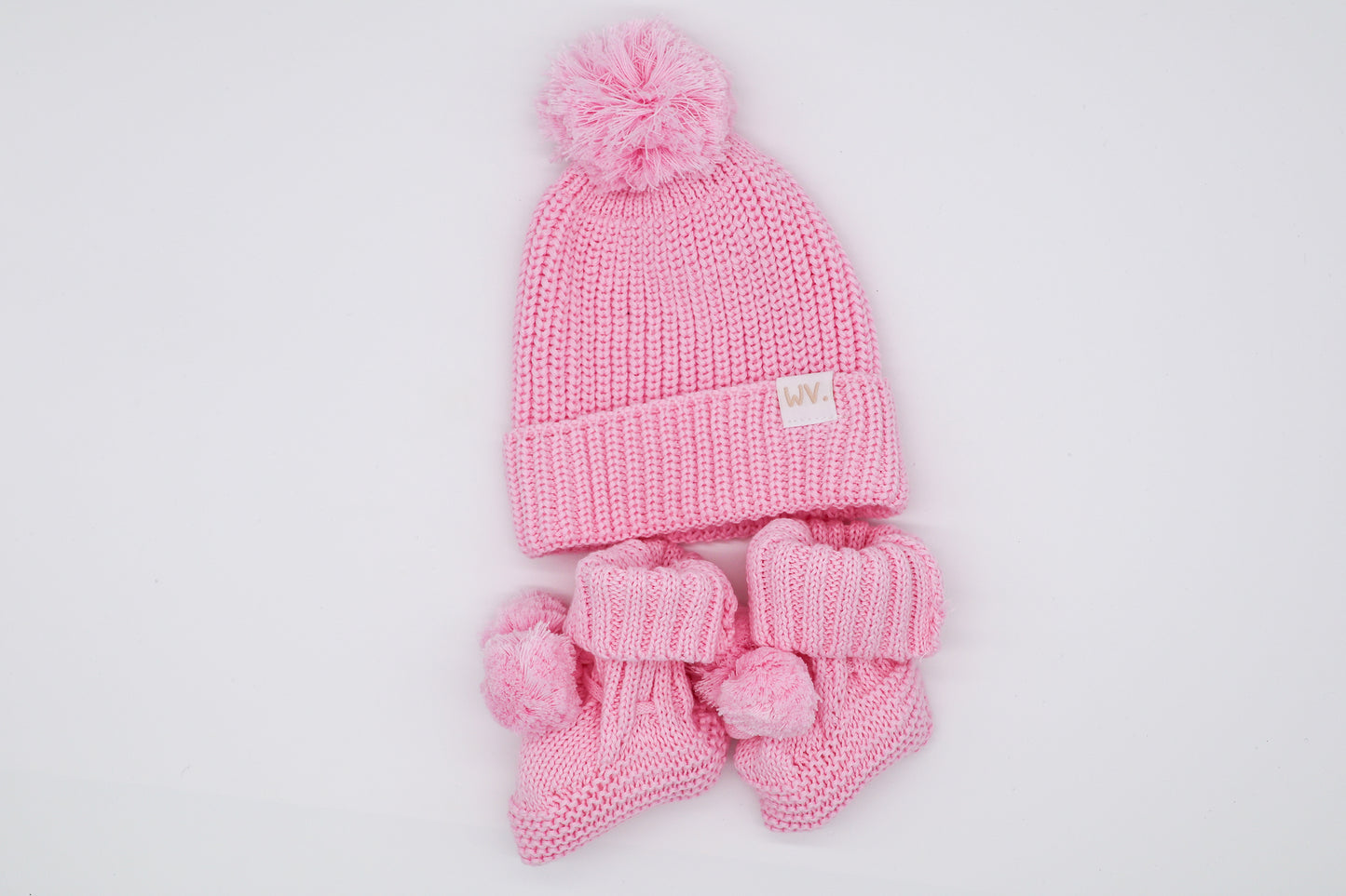 Organic Knit Beanie & Bootie Set with Pom Pom | Pink