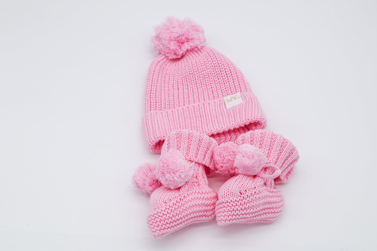 Organic Knit Beanie & Bootie Set with Pom Pom | Pink