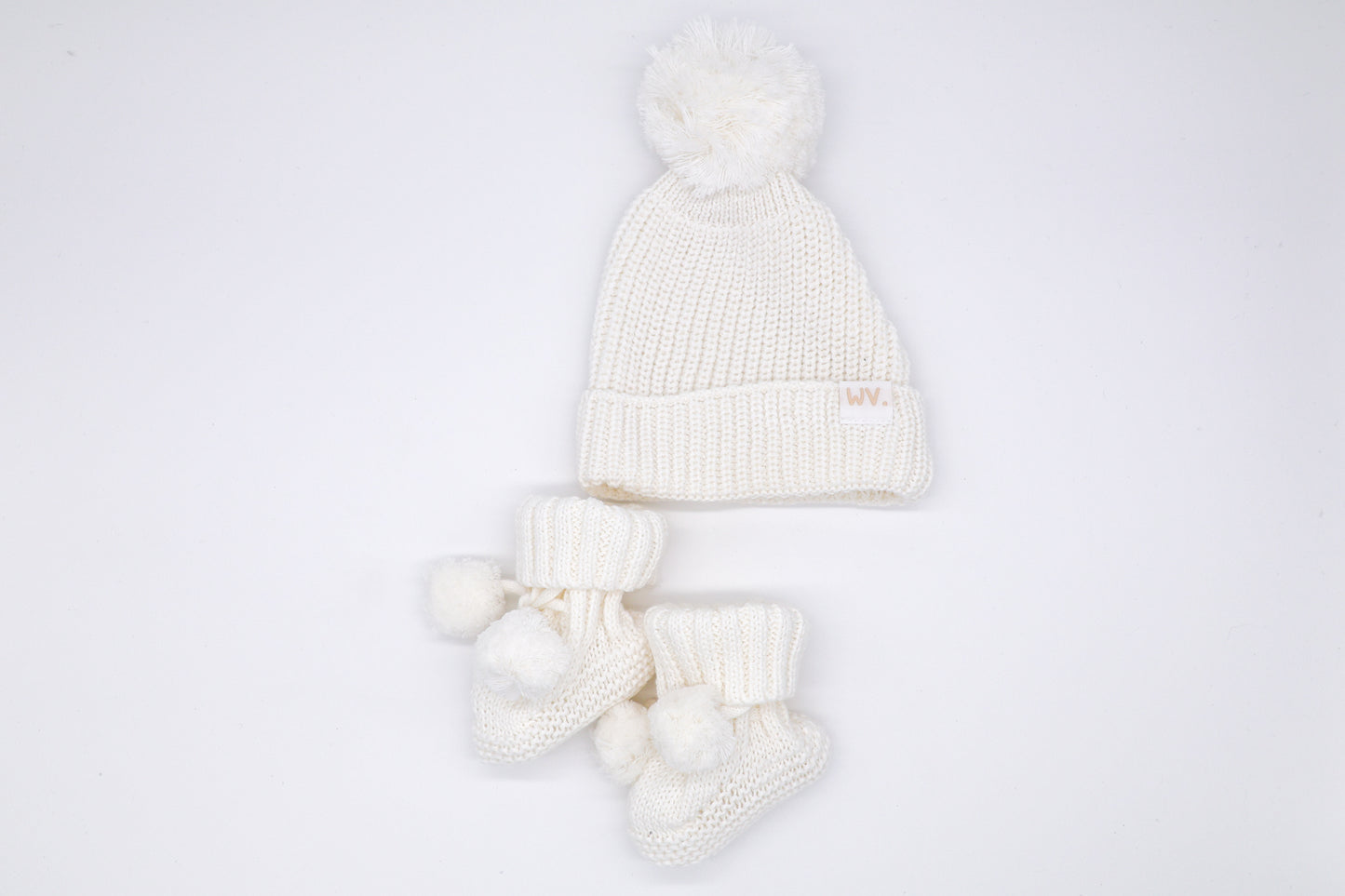 Organic Knit Beanie & Bootie Set with Pom Pom | Milk