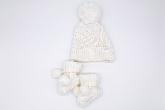 Organic Knit Beanie & Bootie Set with Pom Pom | Milk