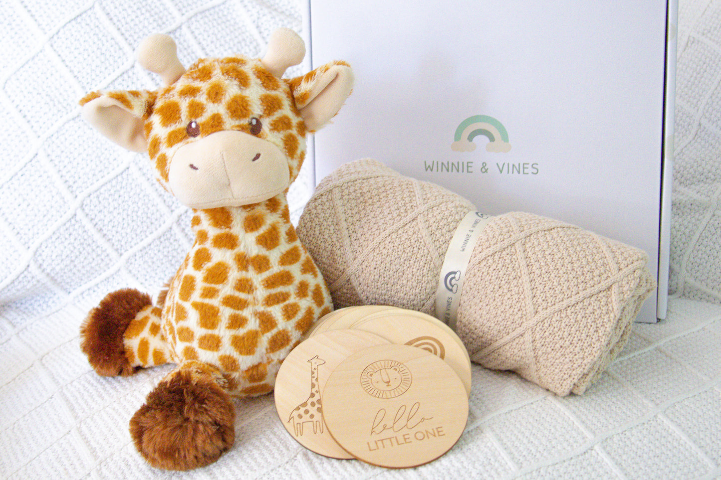 Knit Blanket, Giraffe and Milestone Discs Hamper