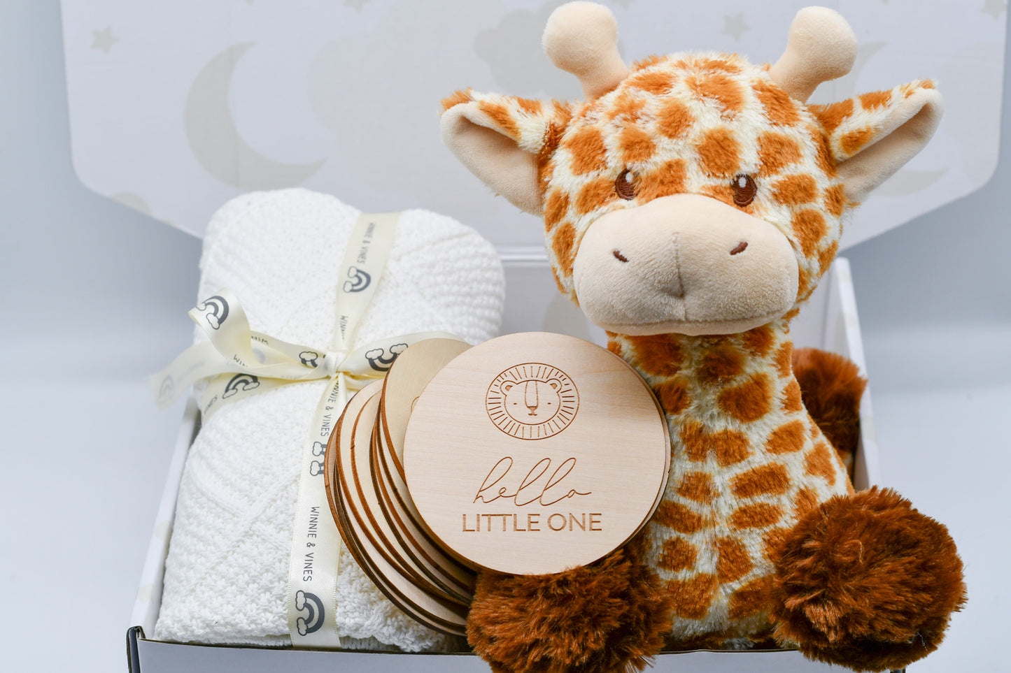 Knit Blanket, Giraffe and Milestone Discs Hamper